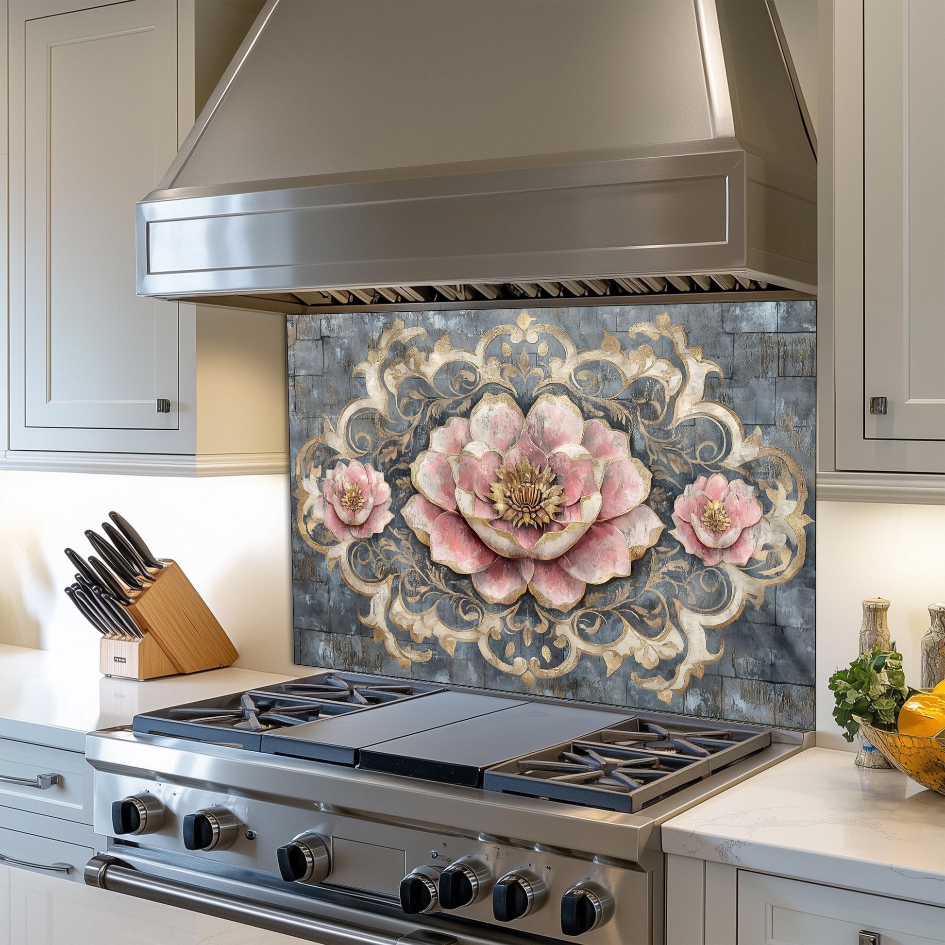 Moroccan Floral Glass Backsplash, Artistic Geometric Stove Guard, Heat Resistant Easy Clean Kitchen Art