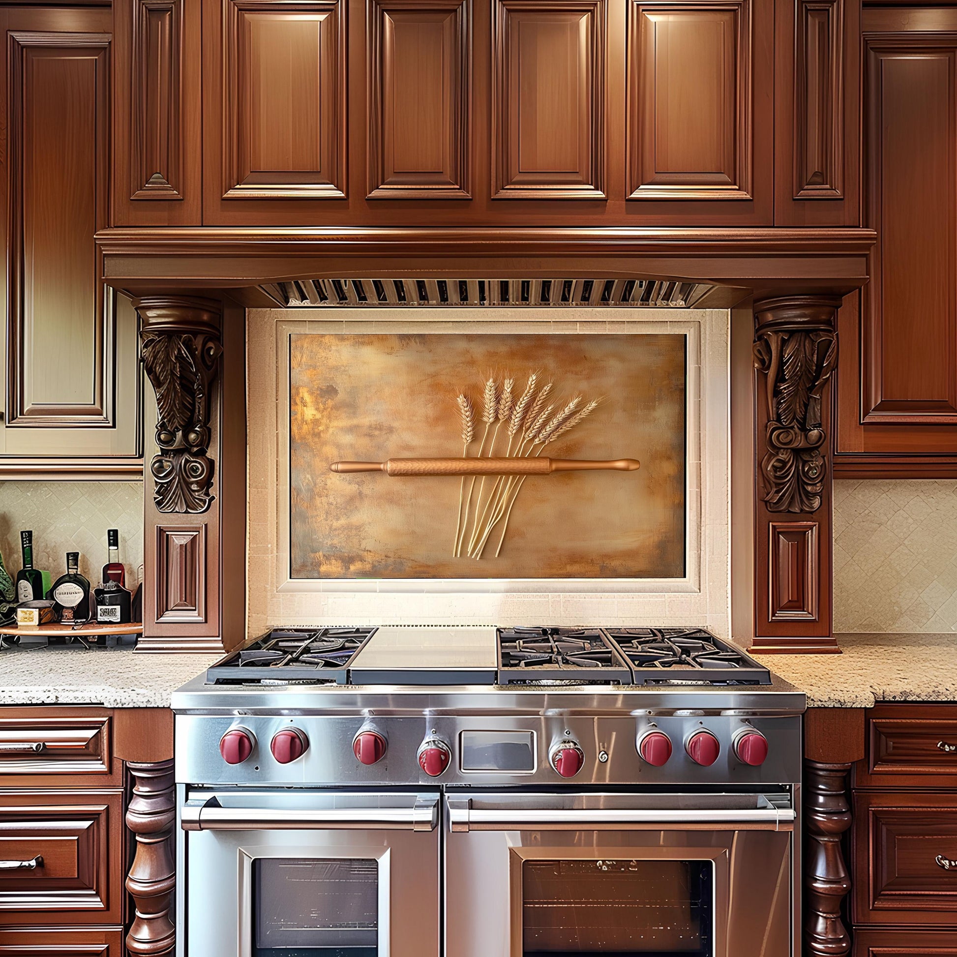 Farmhouse-style tempered glass backsplash with wheat stalks and rolling pin design. Heat-resistant and easy to clean, this rustic kitchen wall protector adds an artisanal touch, blending vintage charm with modern durability for your cooking space.