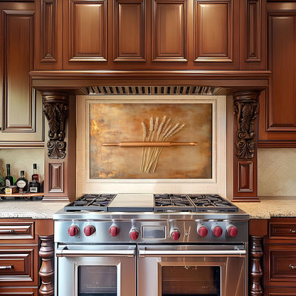 Farmhouse-style tempered glass backsplash with wheat stalks and rolling pin design. Heat-resistant and easy to clean, this rustic kitchen wall protector adds an artisanal touch, blending vintage charm with modern durability for your cooking space.