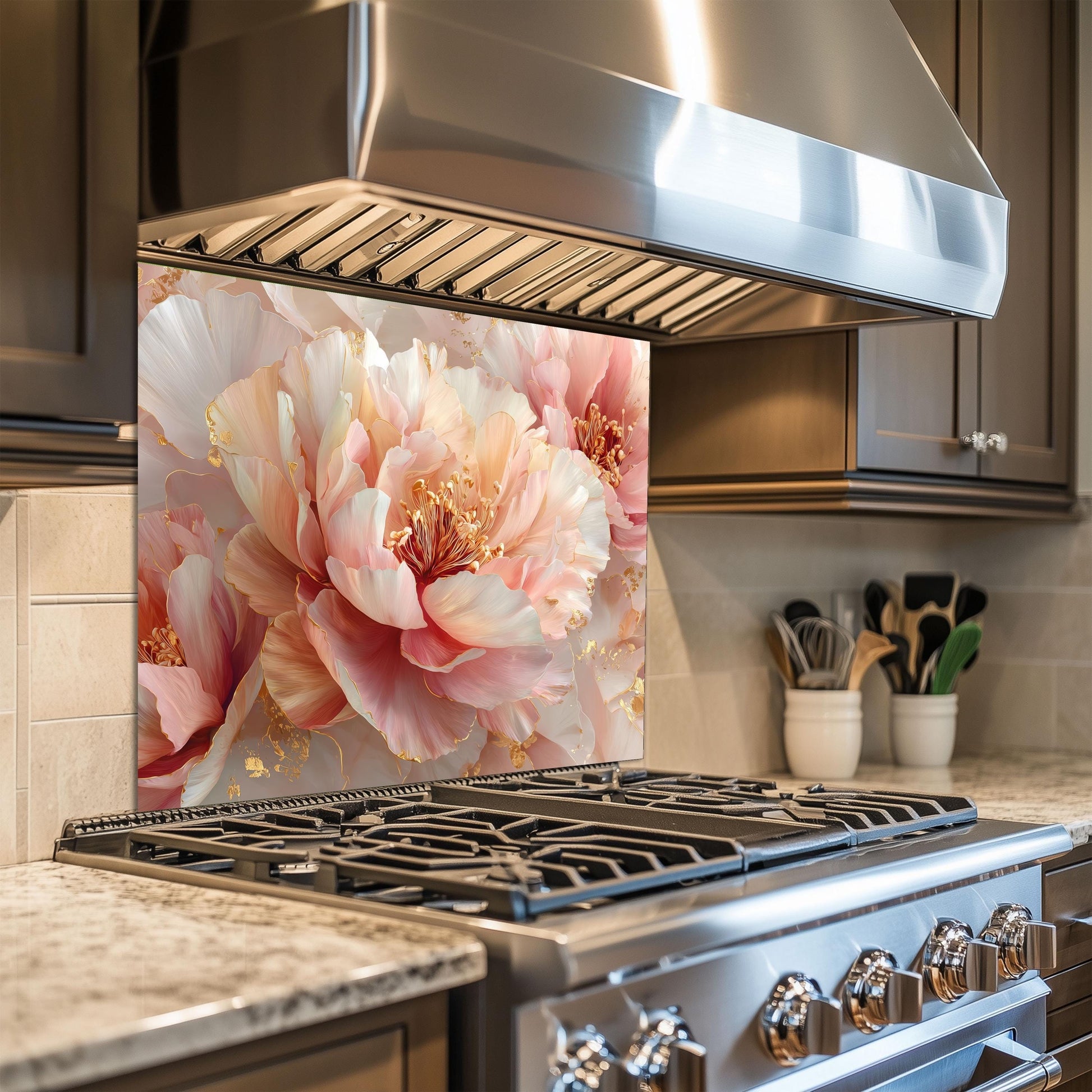 Blush Peony Glass Backsplash, Floral Pink Stove Guard, Heat Resistant Easy Clean Kitchen Art
