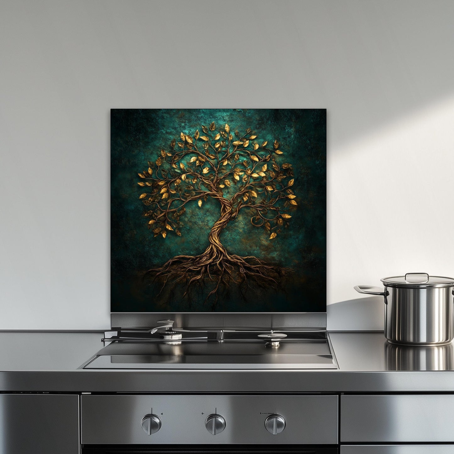 Tree of life glass backsplash, gold leaf design, heat-resistant tempered glass, kitchen wall protector, artistic backsplash, easy to clean, modern kitchen decor, stove splashback, stylish wall art