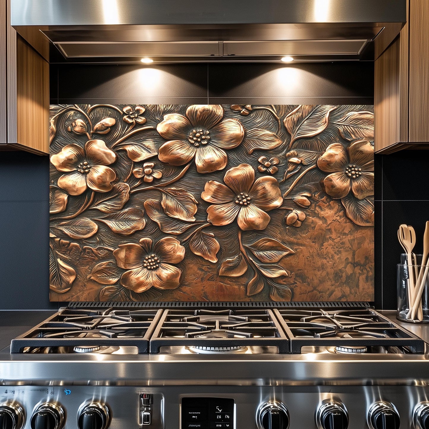 Floral Copper-Effect Tempered Glass Kitchen Backsplash