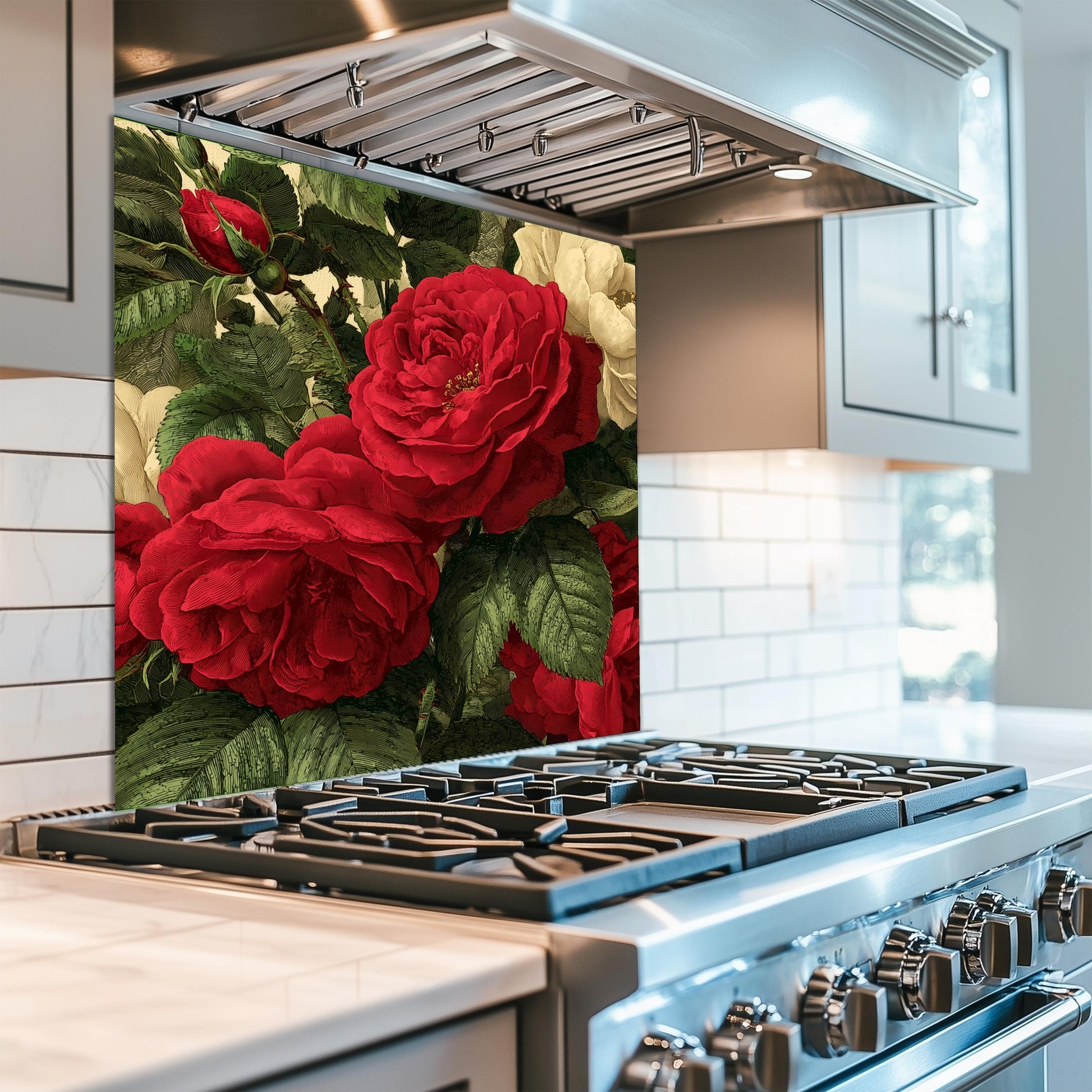 Red Rose Glass Backsplash, Vintage Botanical Stove Guard, Heat Resistant Easy Clean Kitchen Art