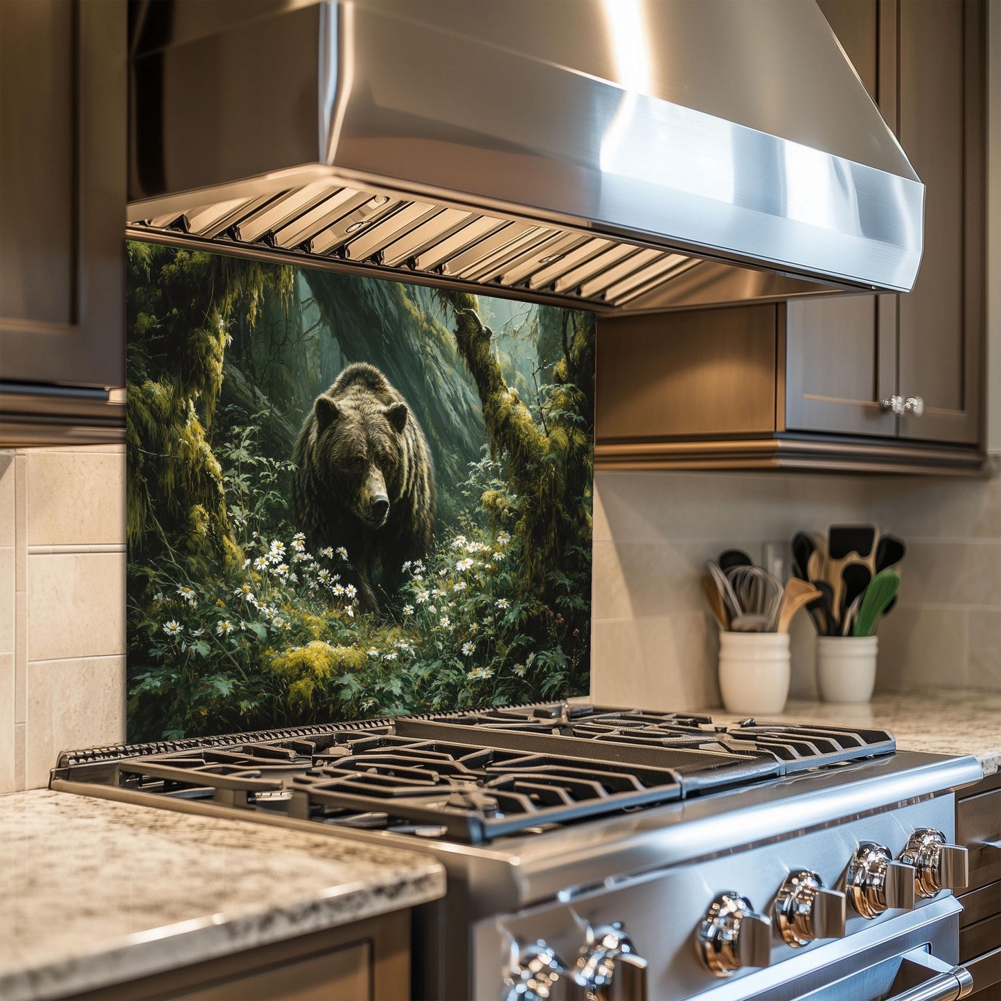 Copper Bear Backsplash: Hand-Embossed Tempered Glass, Rustic Cabin Kitchen