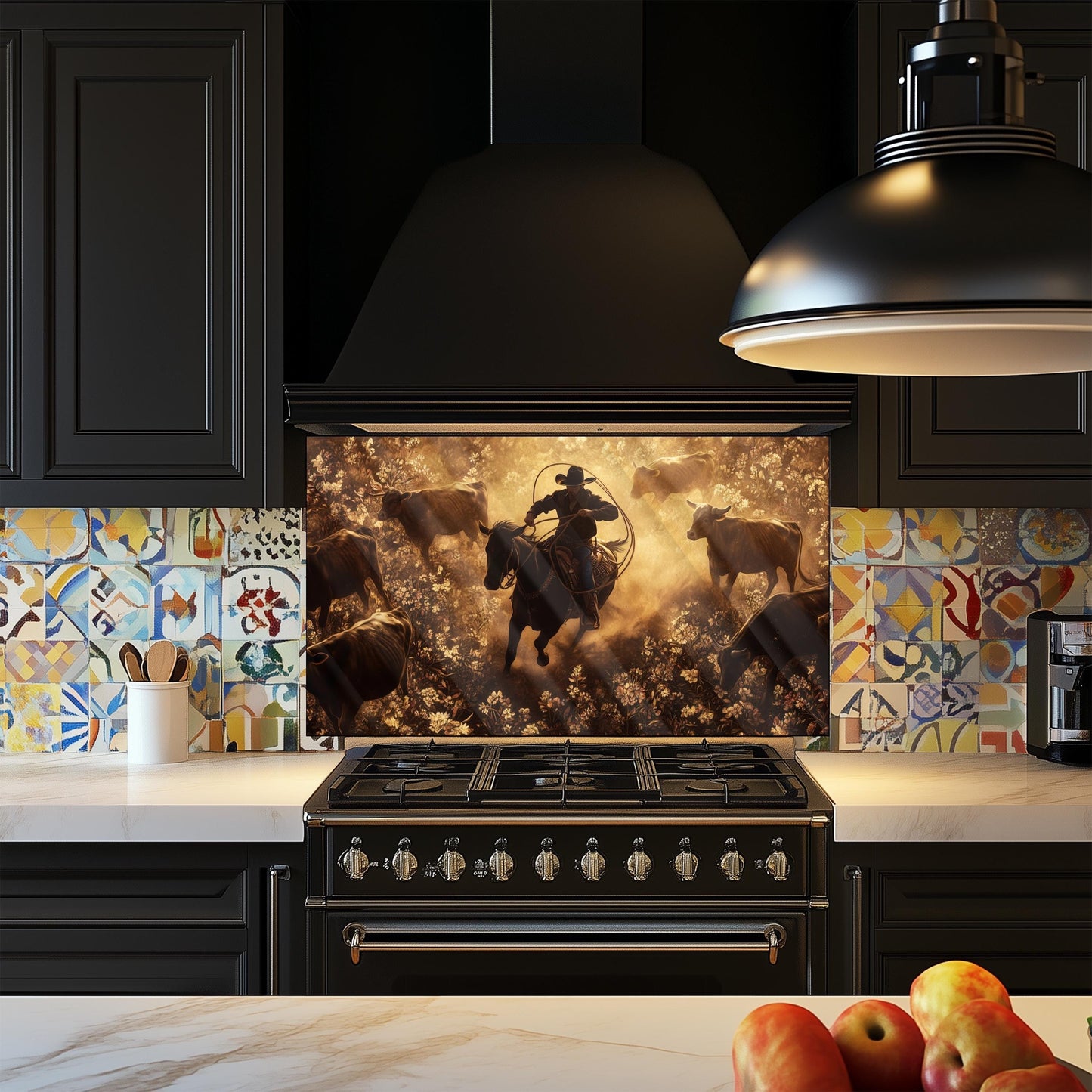 Cowboy Tempered Glass Stove Backsplash: Durable Kitchen Wall Art