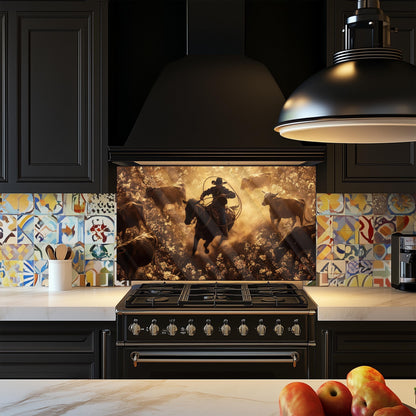 Cowboy Tempered Glass Stove Backsplash: Durable Kitchen Wall Art