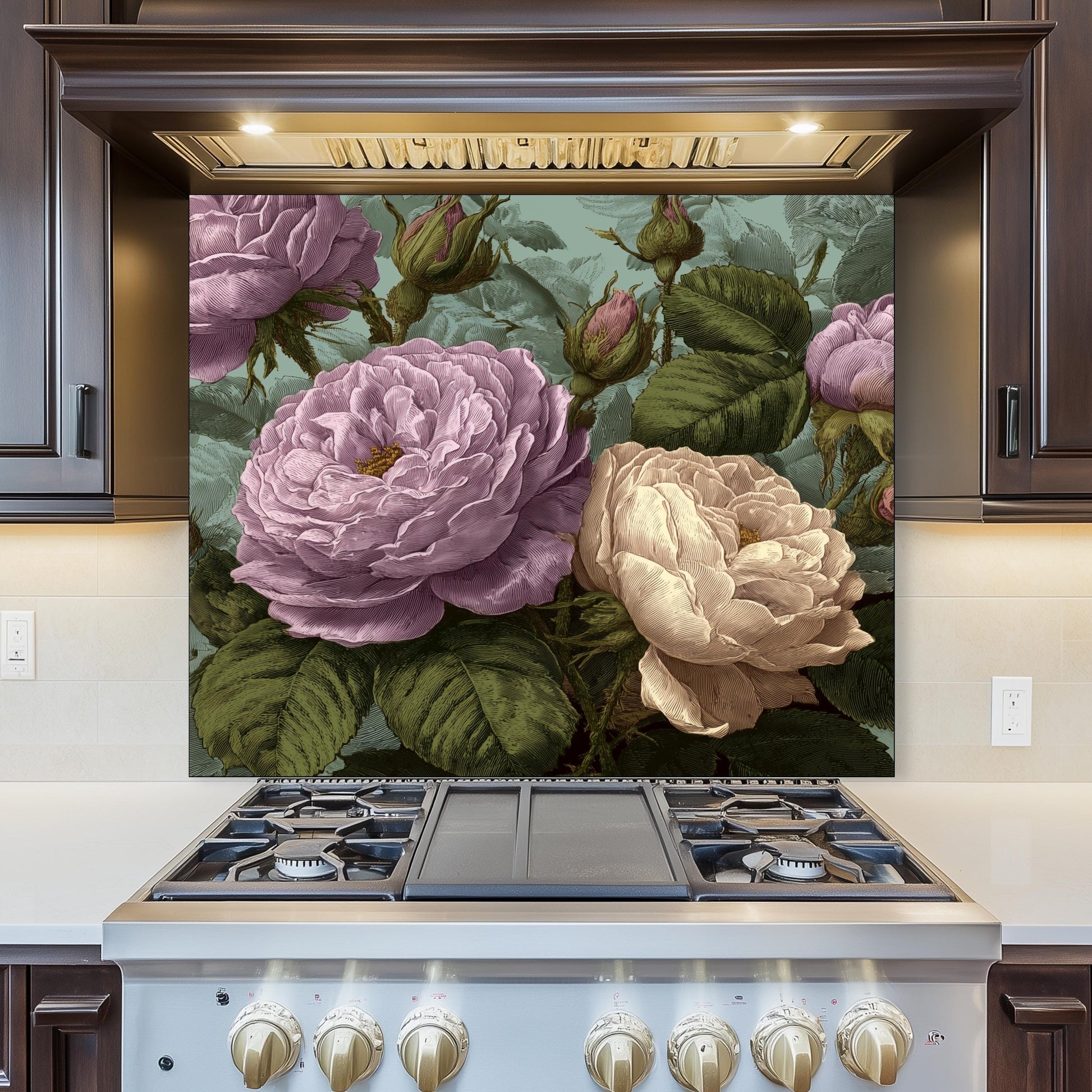 Vintage Pink Roses Kitchen Backsplash: Tempered Glass Floral Wall Panel