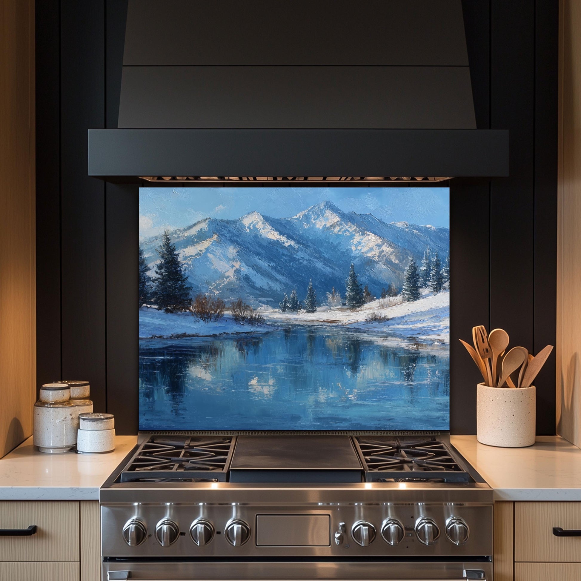 Winter Mountain Lake Glass Backsplash, Scenic Nature Stove Guard, Heat Resistant Easy Clean Art