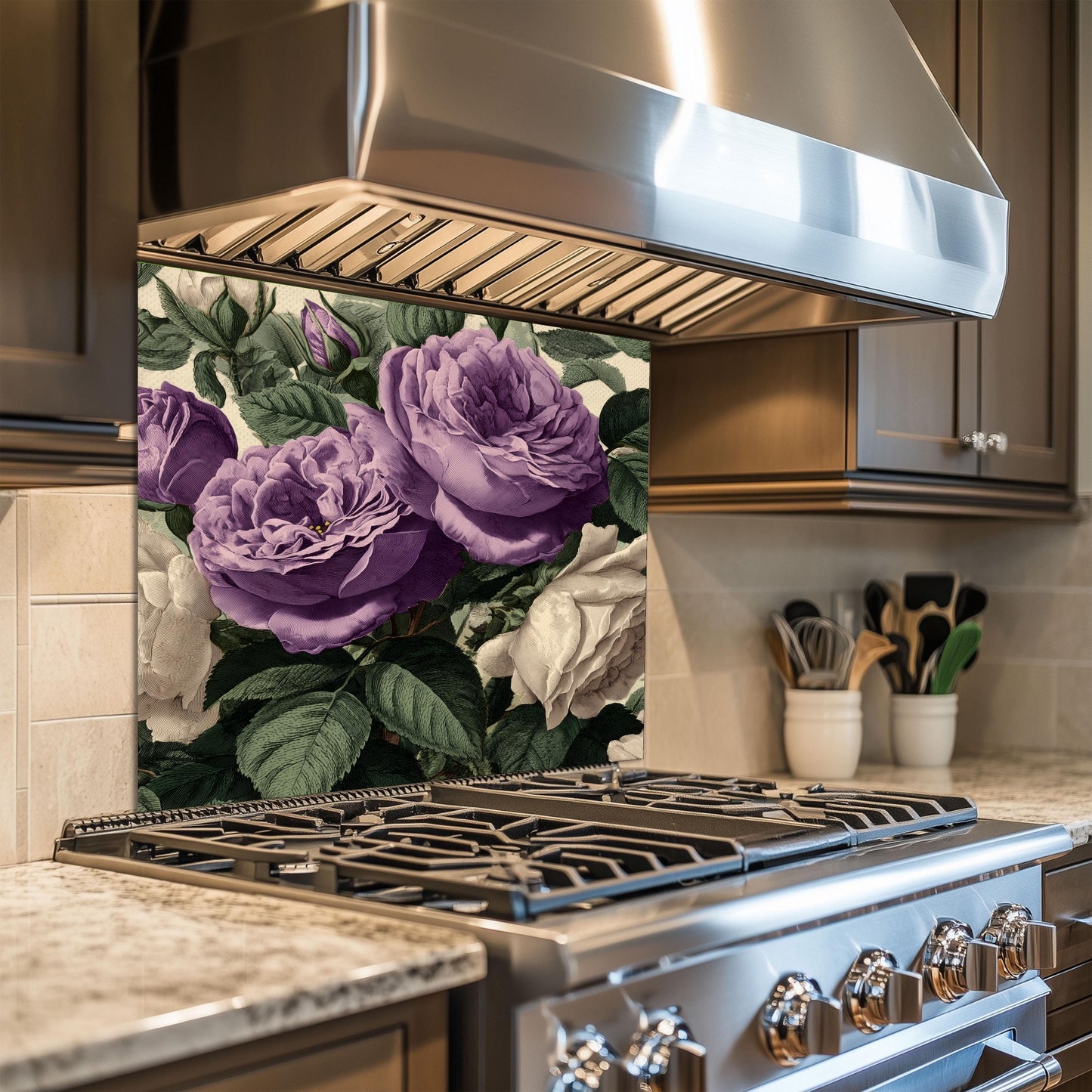 Vintage Purple Roses Glass Kitchen Backsplash - Botanical Floral Wall Art