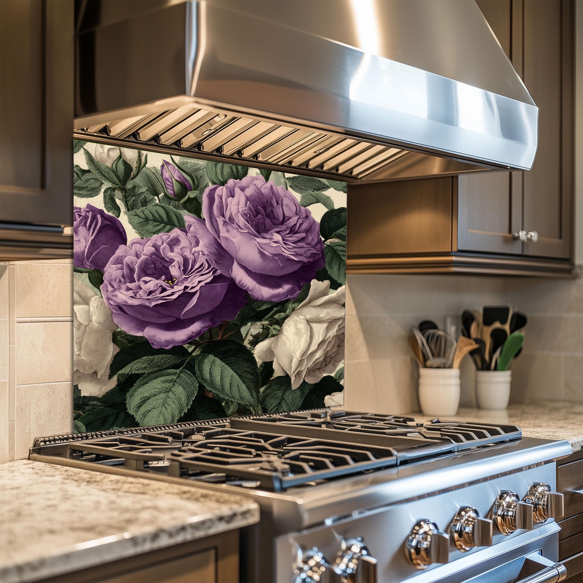 Vintage Purple Roses Glass Kitchen Backsplash - Botanical Floral Wall Art