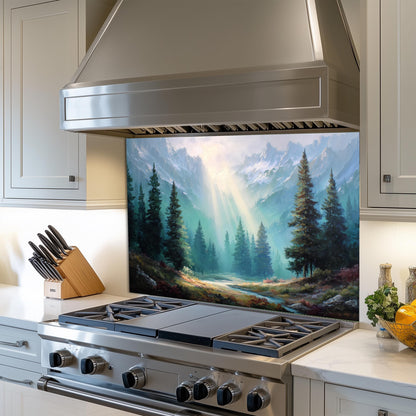 Mountain Sunrise Tempered Glass Backsplash: Rustic Kitchen Wall Art