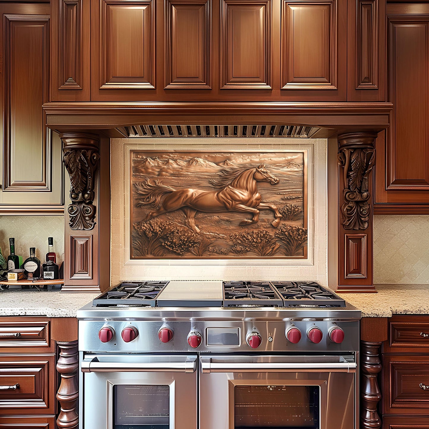 Copper effect horse design backsplash, heat-resistant tempered glass, rustic kitchen wall protector, easy clean kitchen backsplash, Western kitchen art, stove wall protector, horse decor