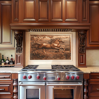 Copper effect horse design backsplash, heat-resistant tempered glass, rustic kitchen wall protector, easy clean kitchen backsplash, Western kitchen art, stove wall protector, horse decor