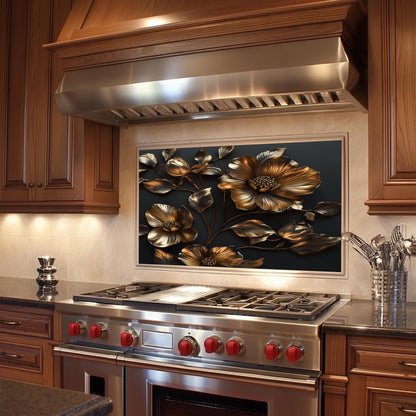 Golden Flower Tempered Glass Kitchen Backsplash: Artistic Flair