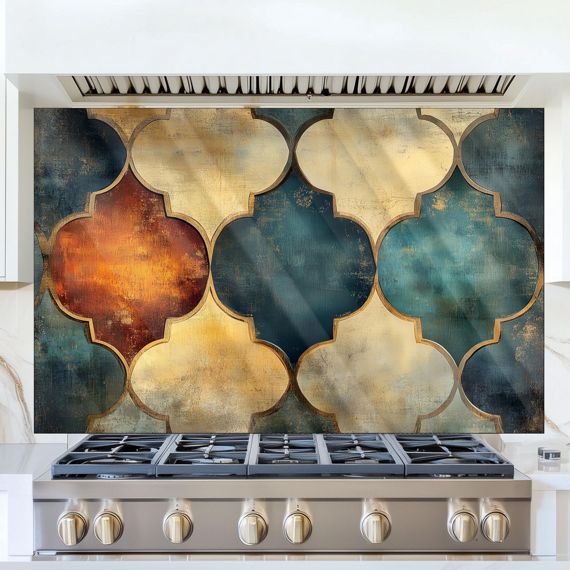 Moroccan Style Glass Backsplash, Blue Geometric Stove Guard, Heat Resistant Easy Clean Kitchen Art