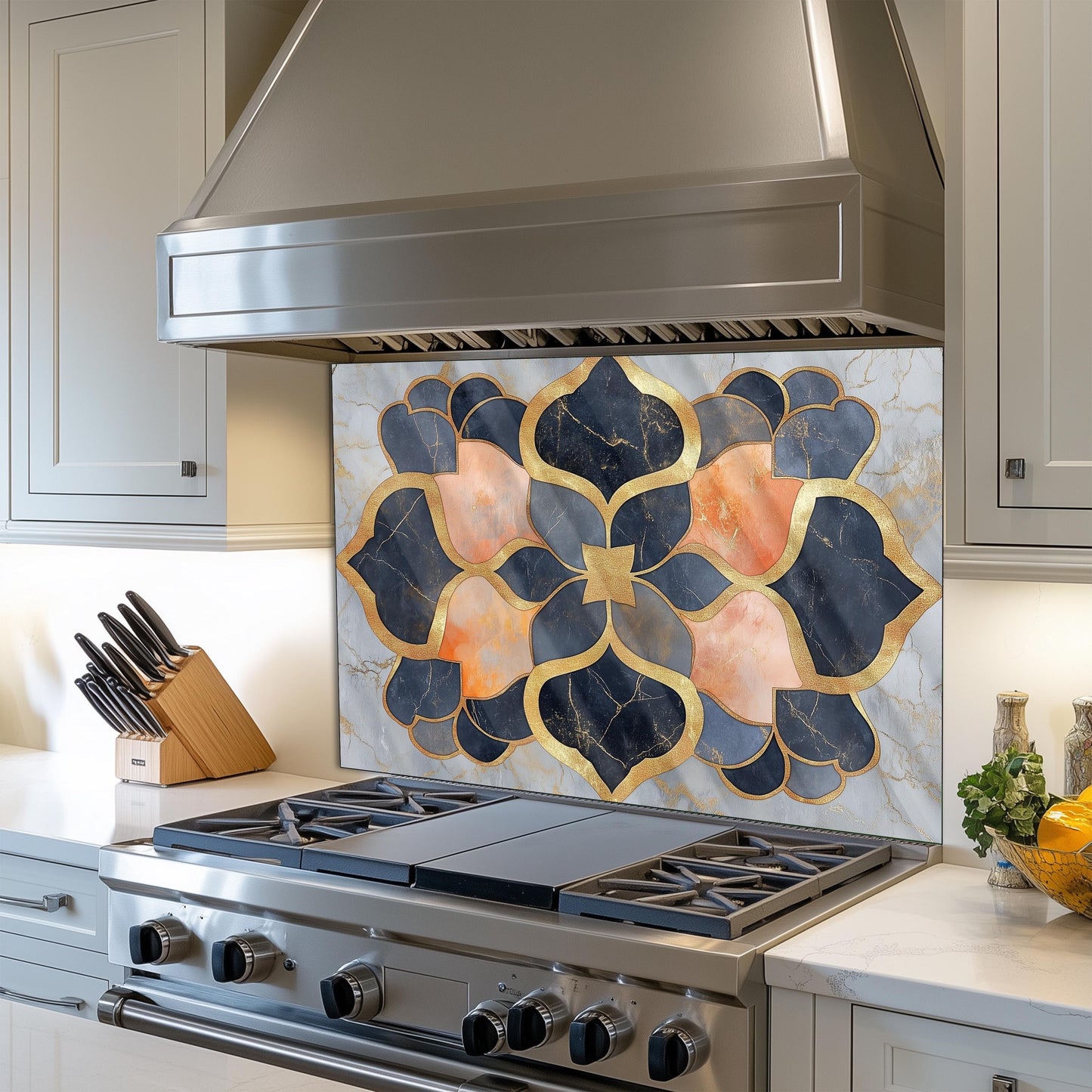 Moroccan Style Glass Backsplash, Blue Geometric Stove Guard, Heat Resistant Easy Clean Kitchen Art