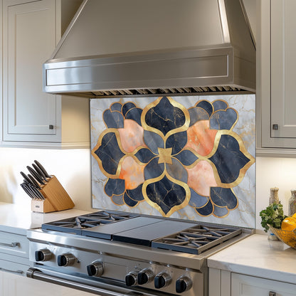Moroccan Style Glass Backsplash, Blue Geometric Stove Guard, Heat Resistant Easy Clean Kitchen Art