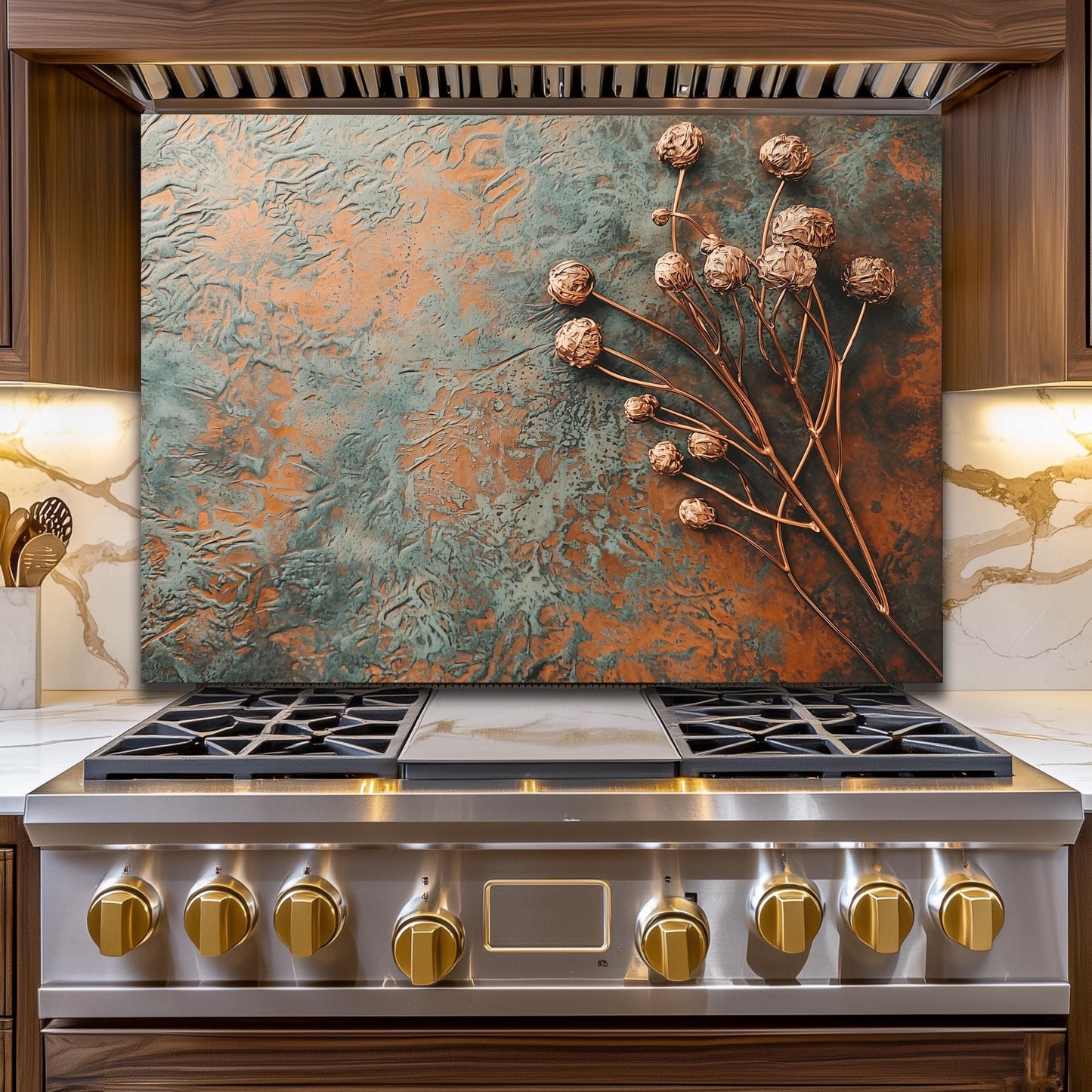 Floral Copper-Effect Tempered Glass Kitchen Backsplash: Rustic Heron Design