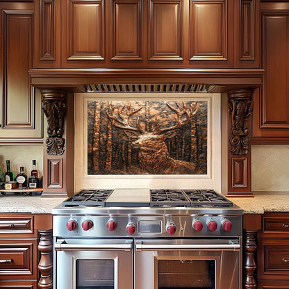 Tempered glass kitchen backsplash, copper deer art design, heat-resistant kitchen wall protector, rustic cabin kitchen decor, easy clean stove wall protector, woodland-inspired kitchen backsplash, vintage copper wall protector