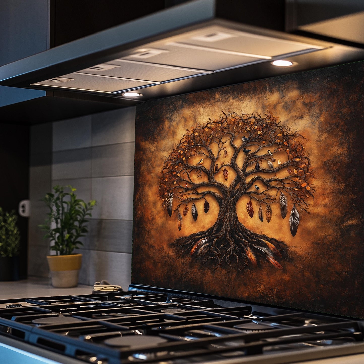 Boho tree of life backsplash, dark tempered glass kitchen panel, heat-resistant splashback, easy to clean, stove wall protector, feather decor, artistic wall art, modern kitchen, unique backsplash