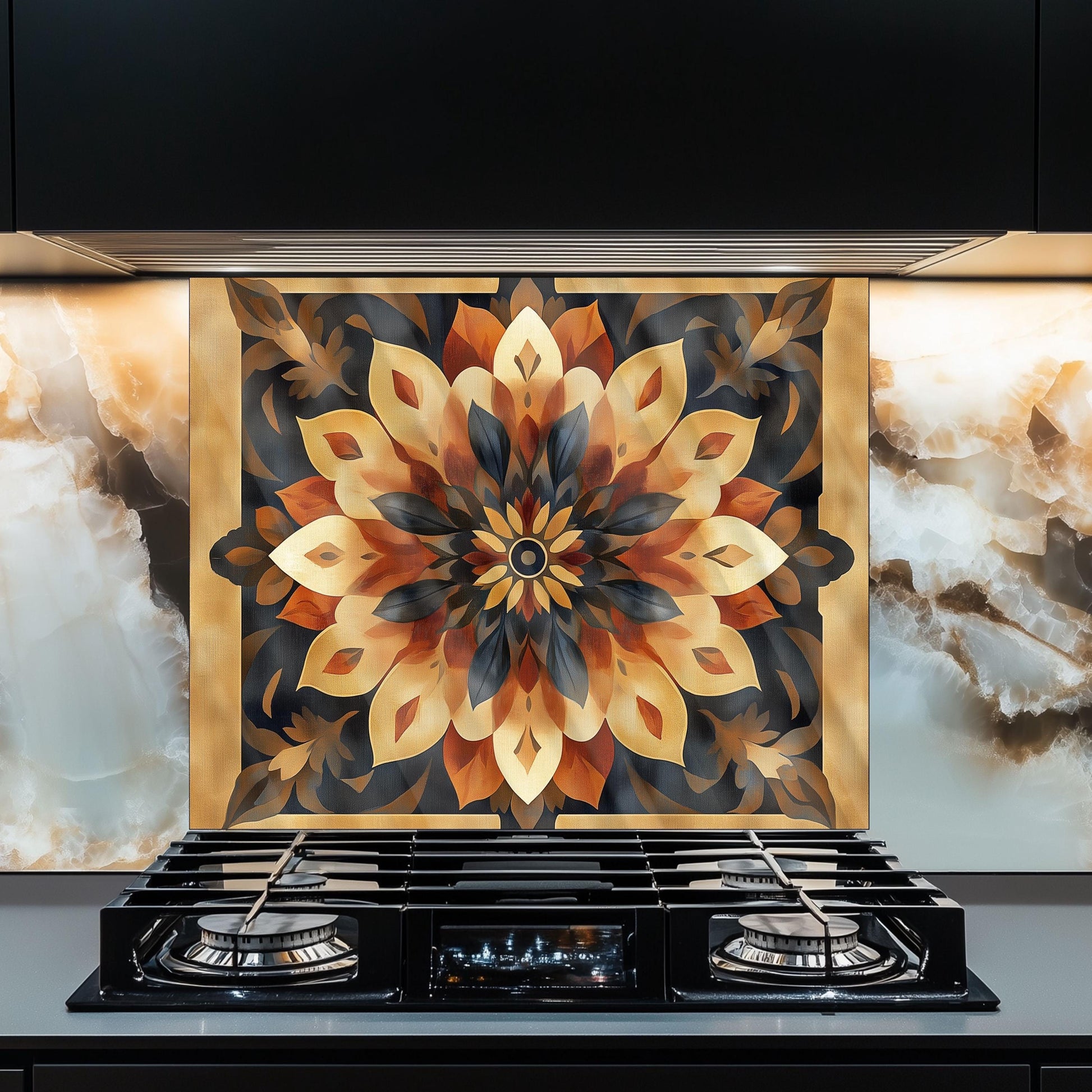 Moroccan Style Glass Backsplash, Blue Geometric Stove Guard, Heat Resistant Easy Clean Kitchen Art