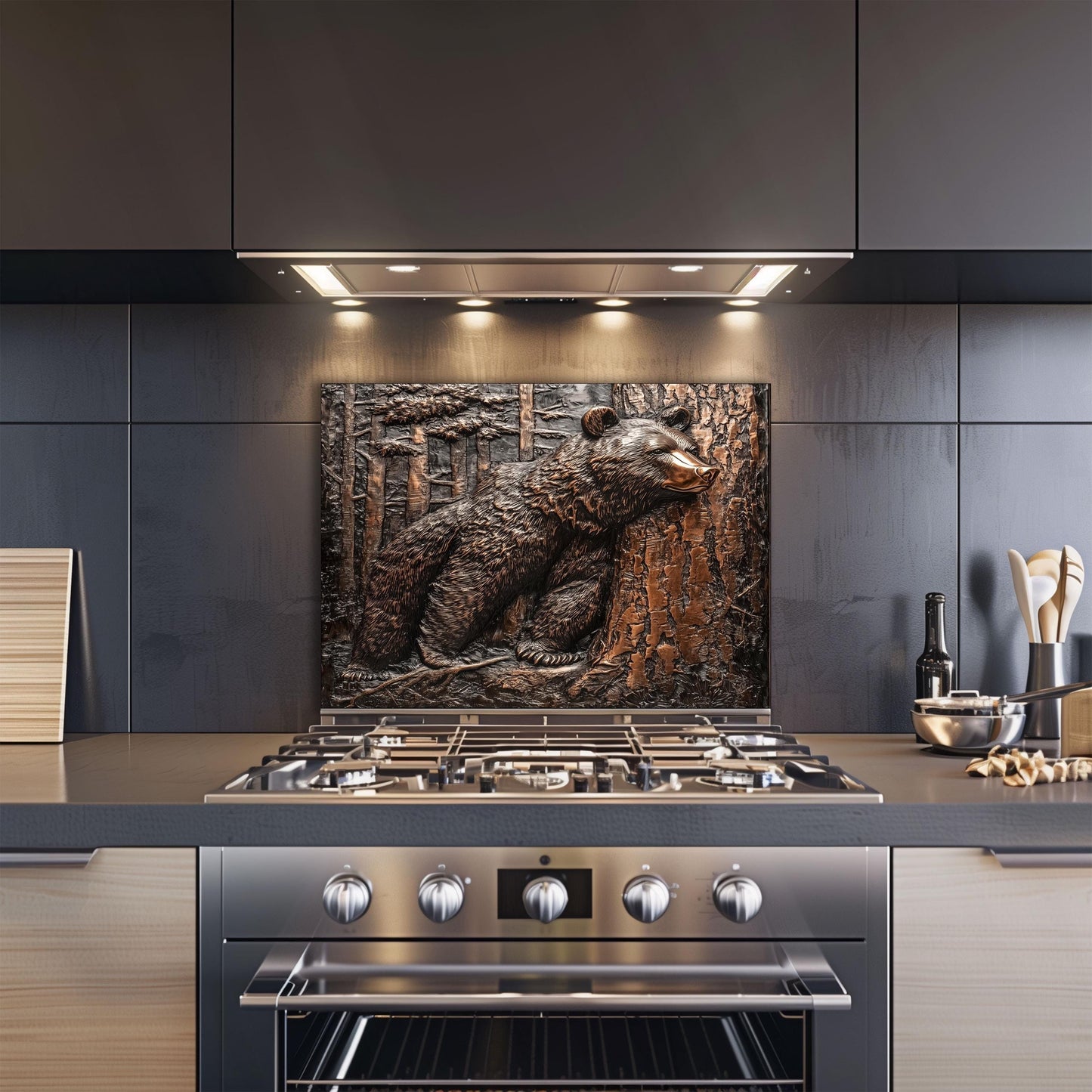 hand-embossed copper bear backsplash for rustic kitchens