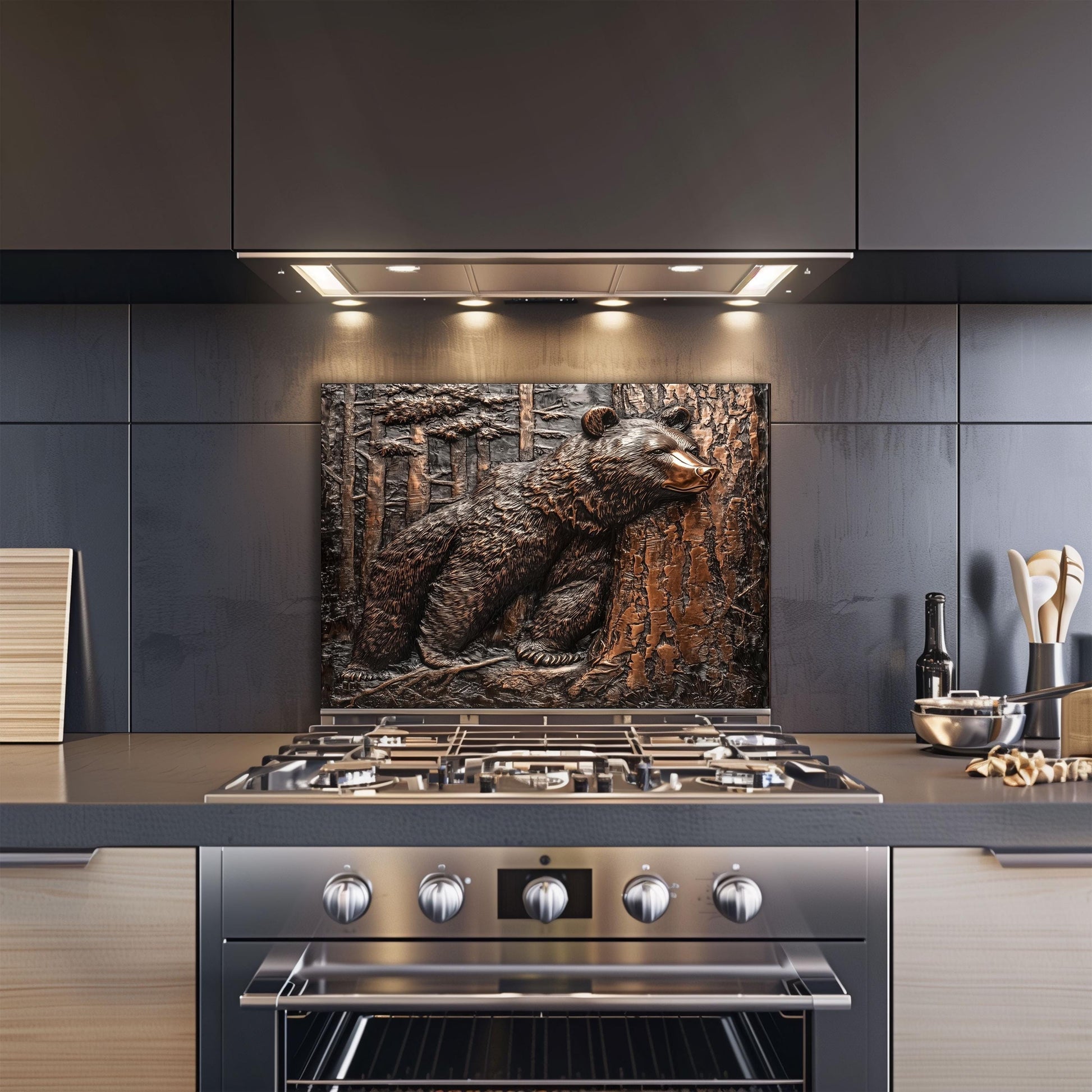 hand-embossed copper bear backsplash for rustic kitchens