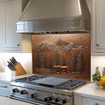 Bear and mountain kitchen backsplash, copper effect wall protector, heat-resistant tempered glass, rustic kitchen decor, nature-inspired wall protector, easy clean kitchen backsplash
