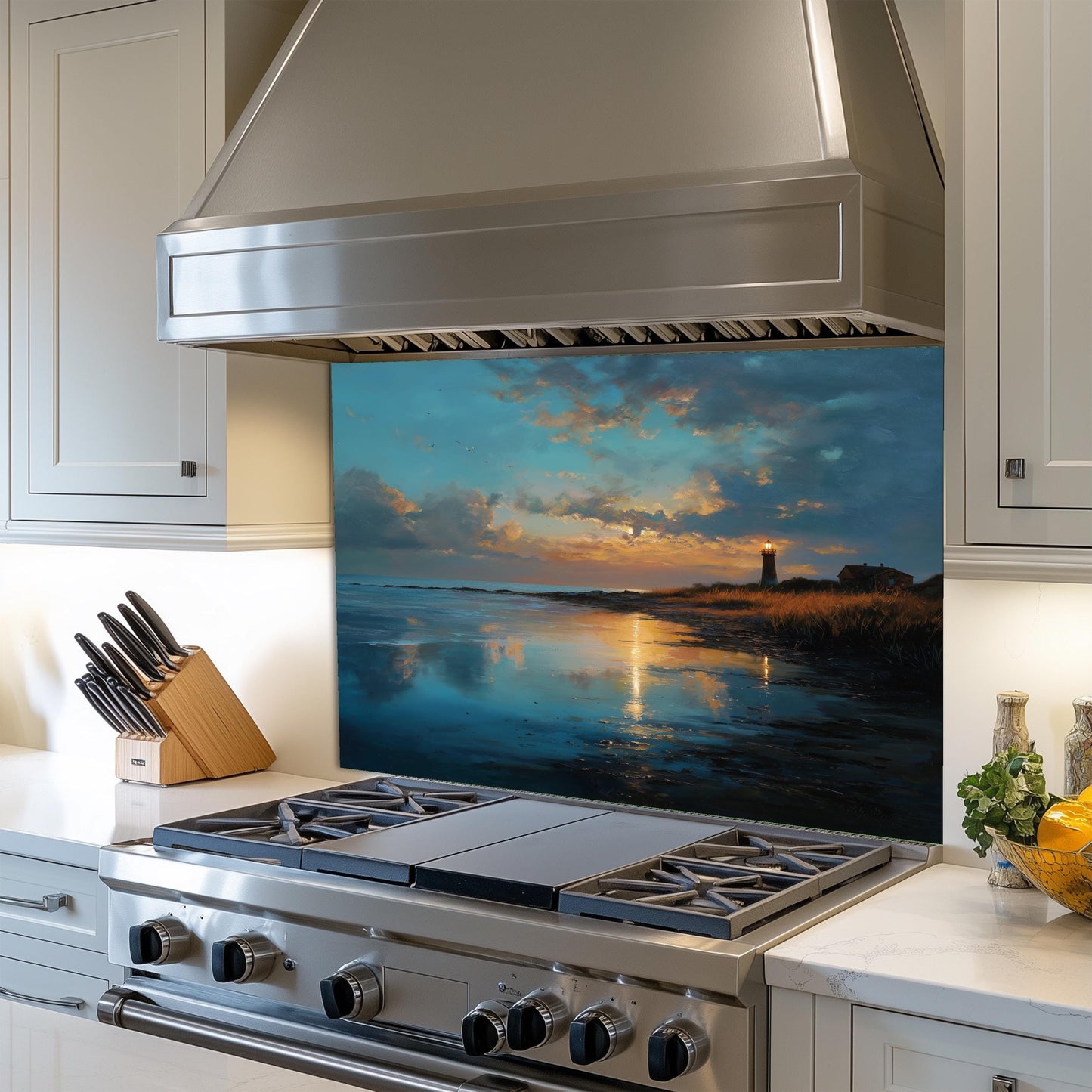 Coastal Lighthouse Glass Backsplash, Ocean Wave Stove Guard, Heat Resistant Easy Clean Kitchen Art