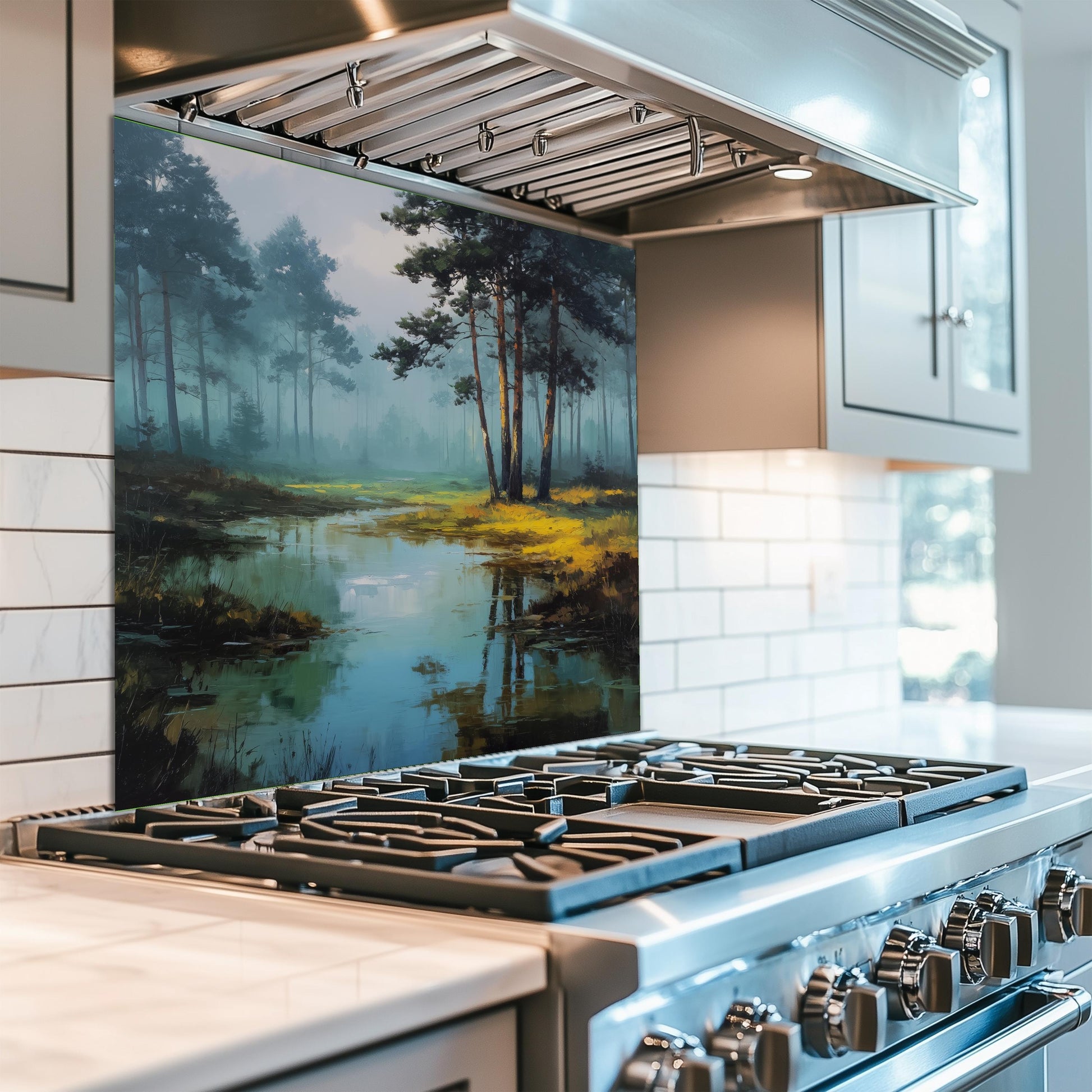 Forest Lake Tempered Glass Backsplash - Misty Woodland Kitchen Splashback