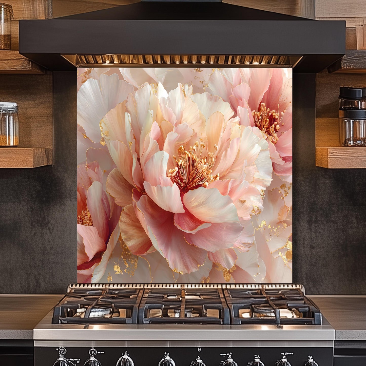 Blush Peony Glass Backsplash, Floral Pink Stove Guard, Heat Resistant Easy Clean Kitchen Art