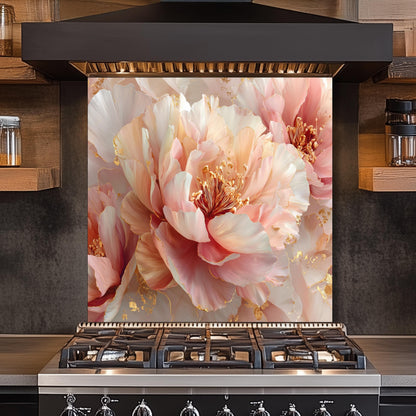 Blush Peony Glass Backsplash, Floral Pink Stove Guard, Heat Resistant Easy Clean Kitchen Art