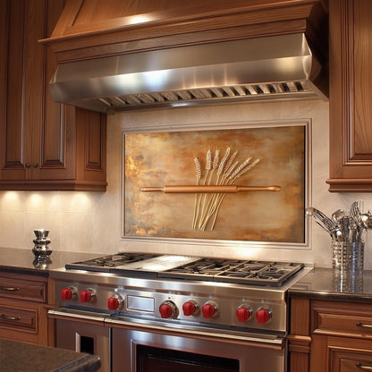 Wheat and rolling pin tempered glass backsplash for farmhouse kitchens. Designed for behind-the-stove wall protection, this rustic backsplash combines heat-resistant functionality with artisanal charm, bringing an earthy elegance to your kitchen