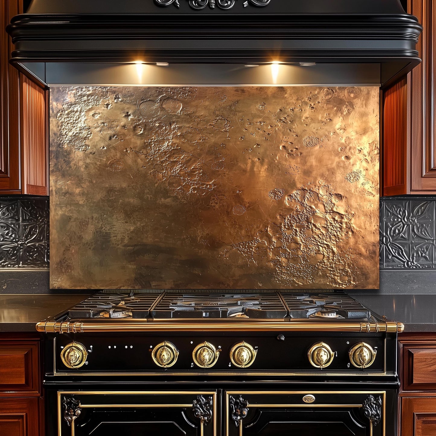 Textured Copper-Effect Glass Backsplash: Rustic Kitchen Decor