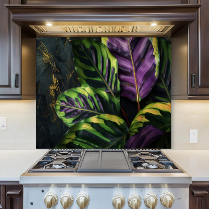 Tropical Calathea Leaf Glass Backsplash, Exotic Botanical Stove Guard, Heat Resistant Kitchen Art
