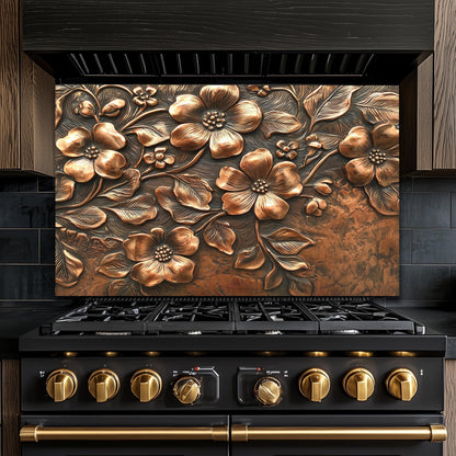 Floral Copper-Effect Tempered Glass Kitchen Backsplash