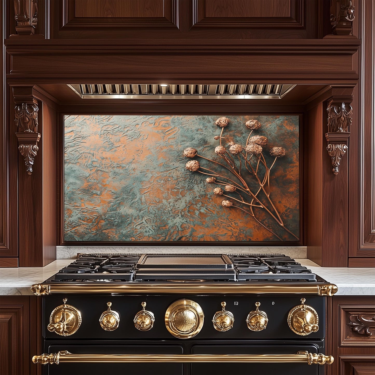 Floral Copper-Effect Tempered Glass Kitchen Backsplash: Rustic Heron Design
