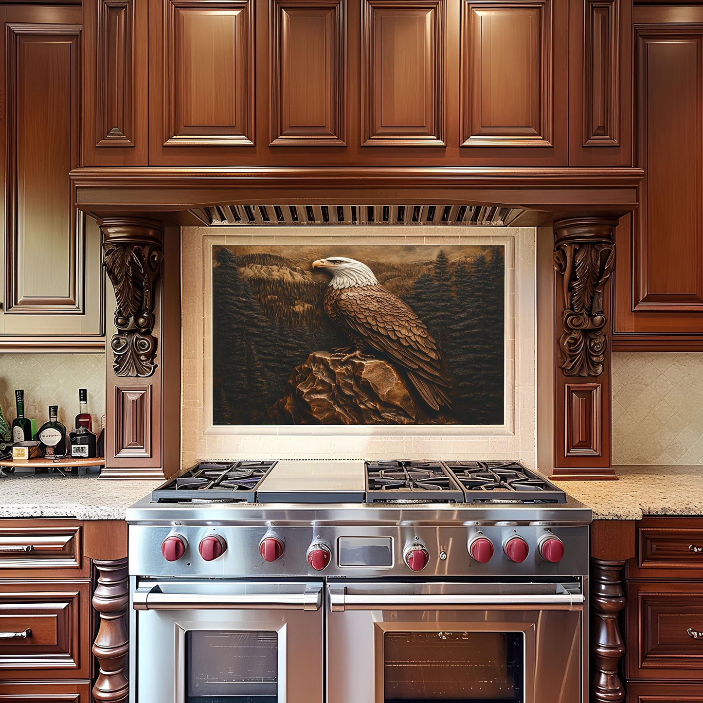 Bald Eagle kitchen backsplash, copper effect design, heat-resistant wall protector, easy clean backsplash panel, wildlife-inspired decor, stove protector, American eagle kitchen art