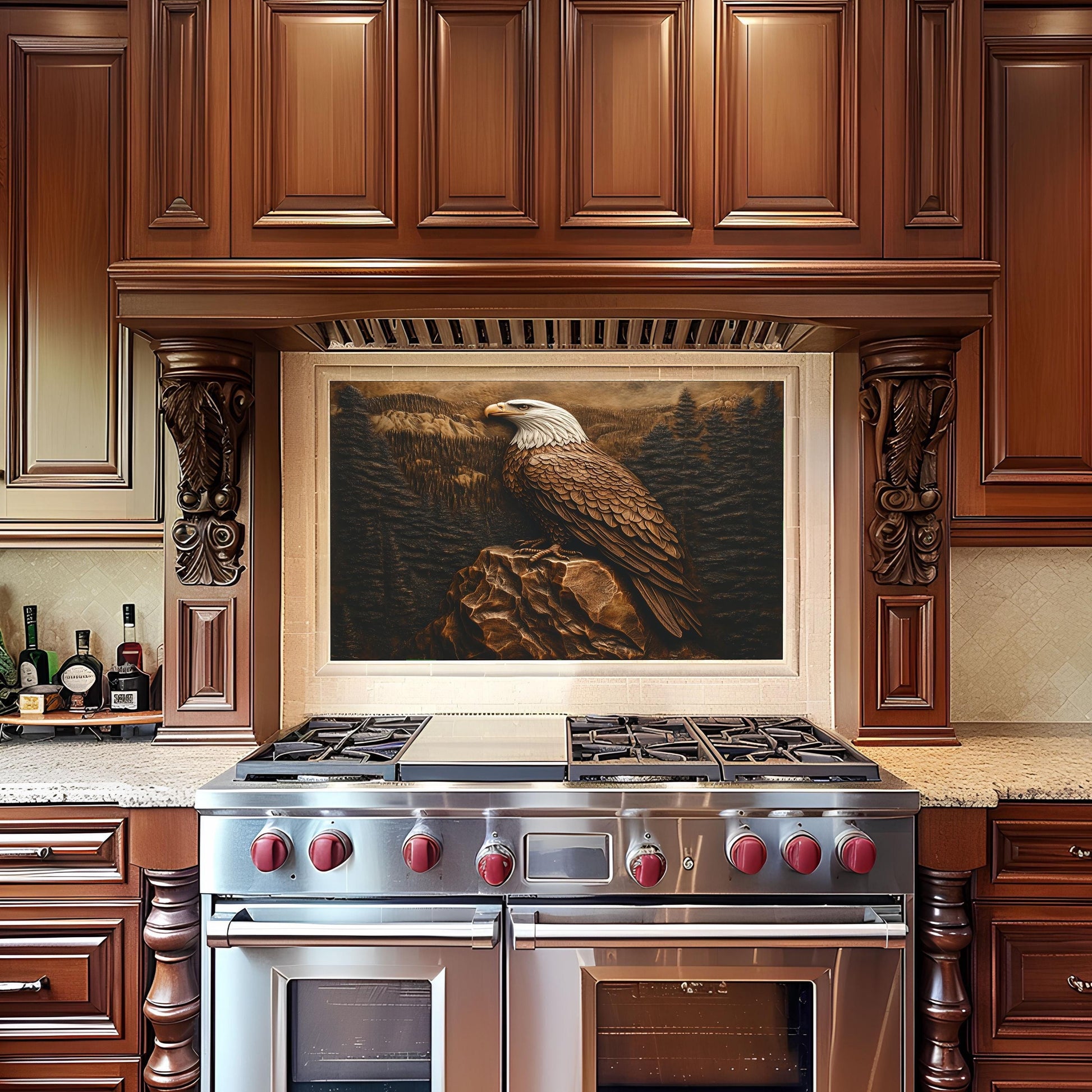 Bald Eagle kitchen backsplash, copper effect design, heat-resistant wall protector, easy clean backsplash panel, wildlife-inspired decor, stove protector, American eagle kitchen art
