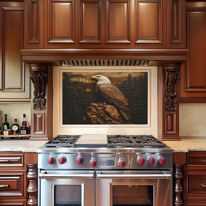Bald Eagle kitchen backsplash, copper effect design, heat-resistant wall protector, easy clean backsplash panel, wildlife-inspired decor, stove protector, American eagle kitchen art