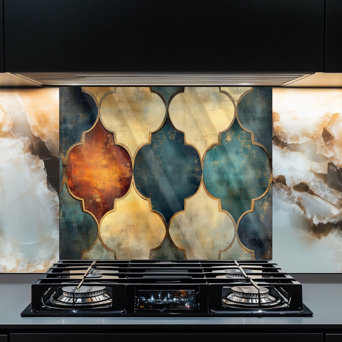 Moroccan Style Glass Backsplash, Blue Geometric Stove Guard, Heat Resistant Easy Clean Kitchen Art