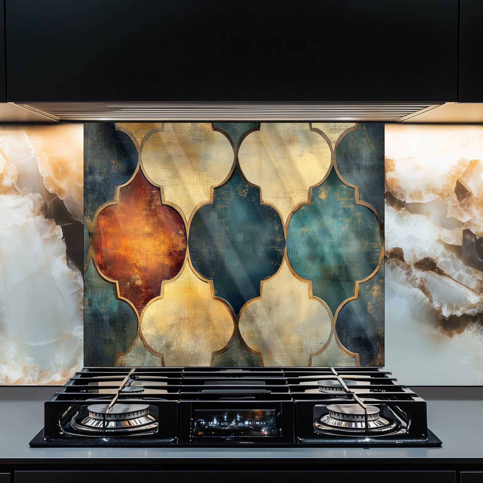Moroccan Style Glass Backsplash, Blue Geometric Stove Guard, Heat Resistant Easy Clean Kitchen Art