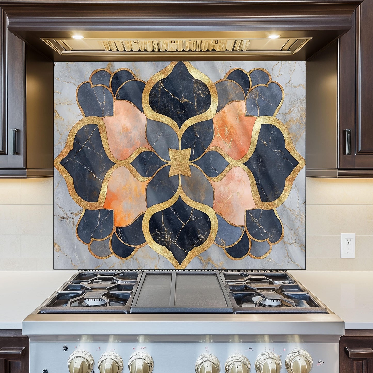 Moroccan Style Glass Backsplash, Blue Geometric Stove Guard, Heat Resistant Easy Clean Kitchen Art
