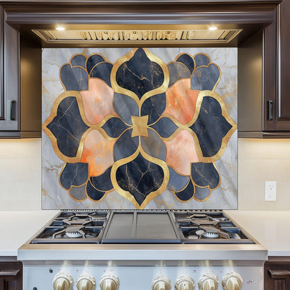Moroccan Style Glass Backsplash, Blue Geometric Stove Guard, Heat Resistant Easy Clean Kitchen Art