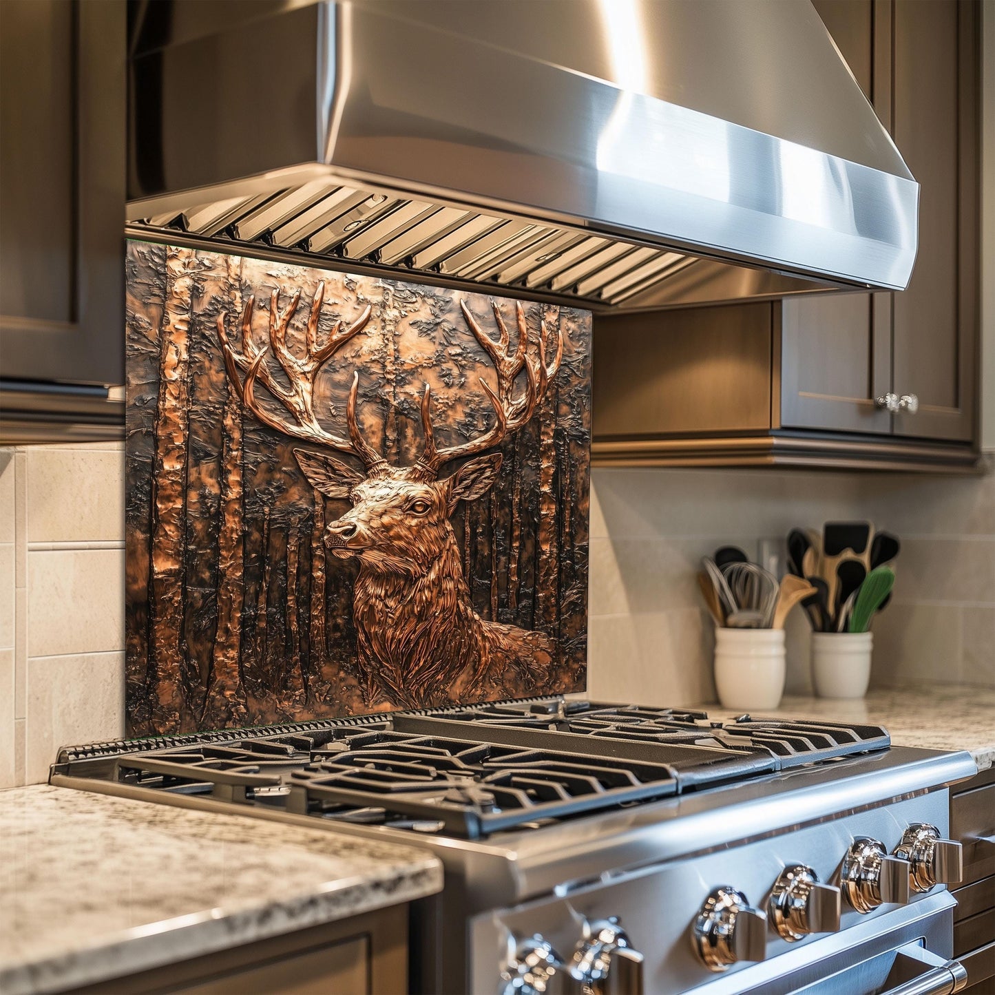 Rustic deer kitchen backsplash, heat-resistant tempered glass backsplash, copper effect wall protector, easy clean kitchen backsplash, stove wall protector, woodland kitchen wall decor, rustic vintage kitchen art
