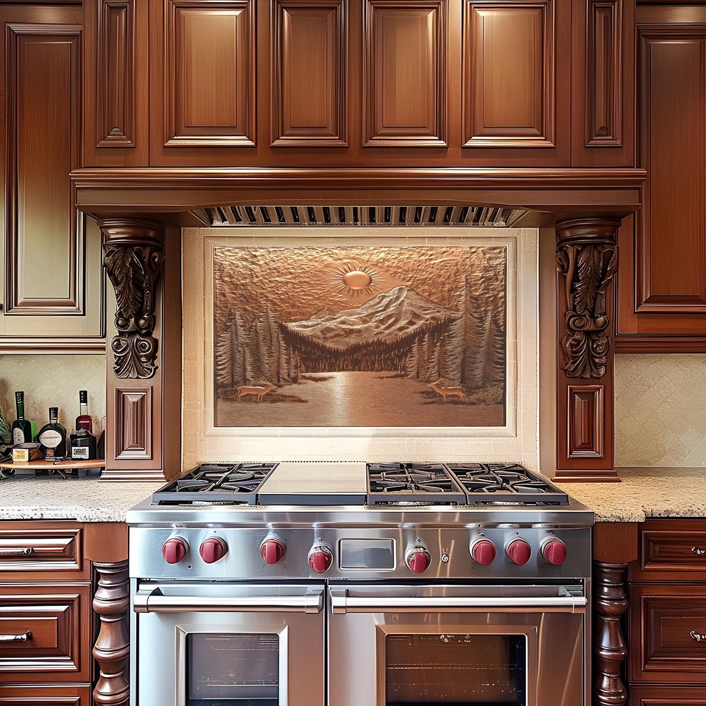 Rustic kitchen backsplash, copper mountain design, heat-resistant tempered glass, easy clean kitchen wall protector, nature-inspired wall art, stove backsplash protector, rustic decor