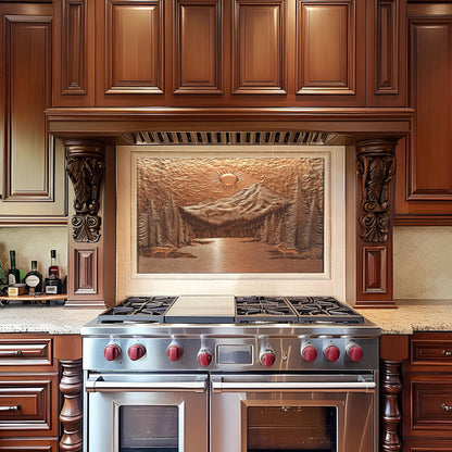 Rustic kitchen backsplash, copper mountain design, heat-resistant tempered glass, easy clean kitchen wall protector, nature-inspired wall art, stove backsplash protector, rustic decor