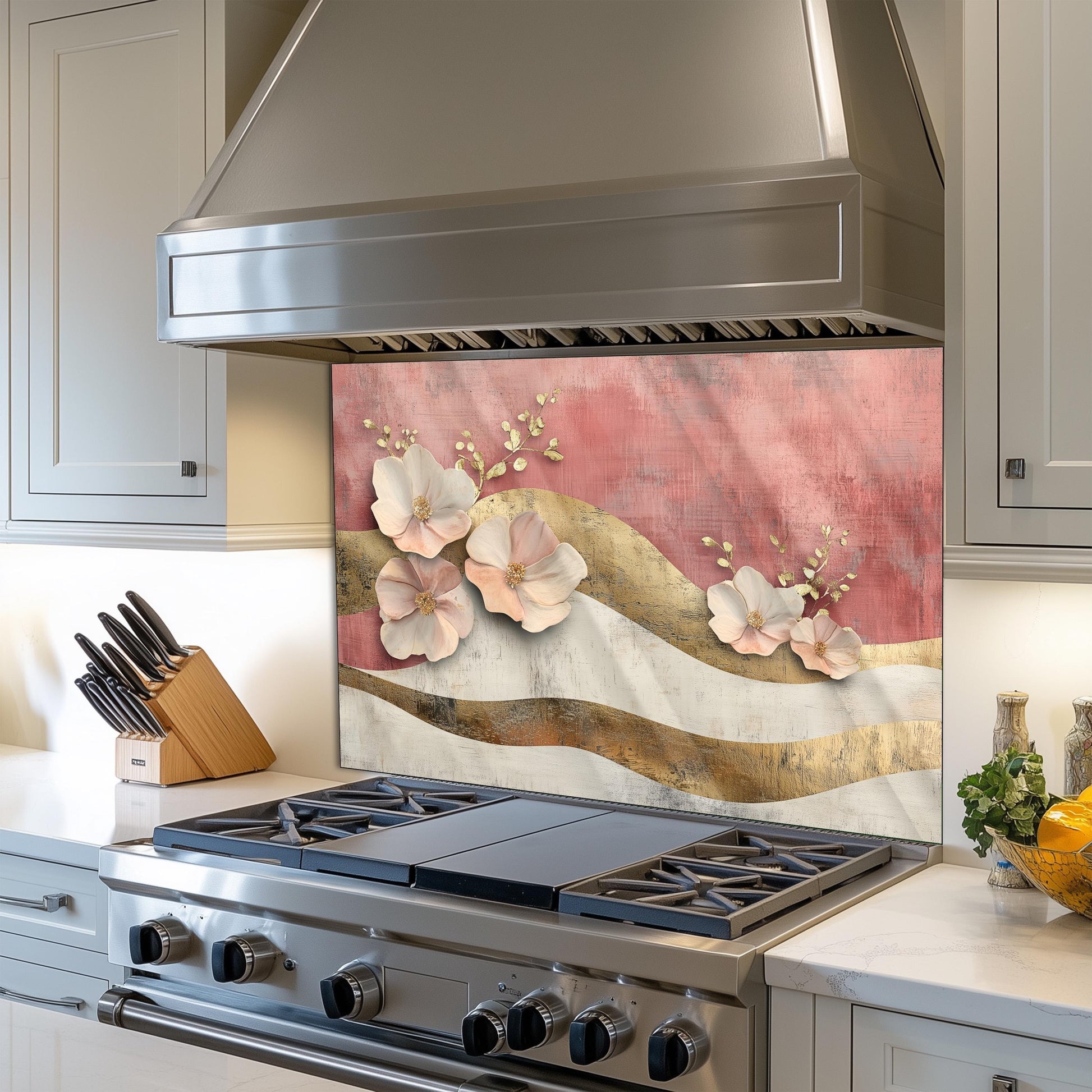 Moroccan Floral Glass Backsplash, Heat Resistant Stove Guard, Custom Size Kitchen Art