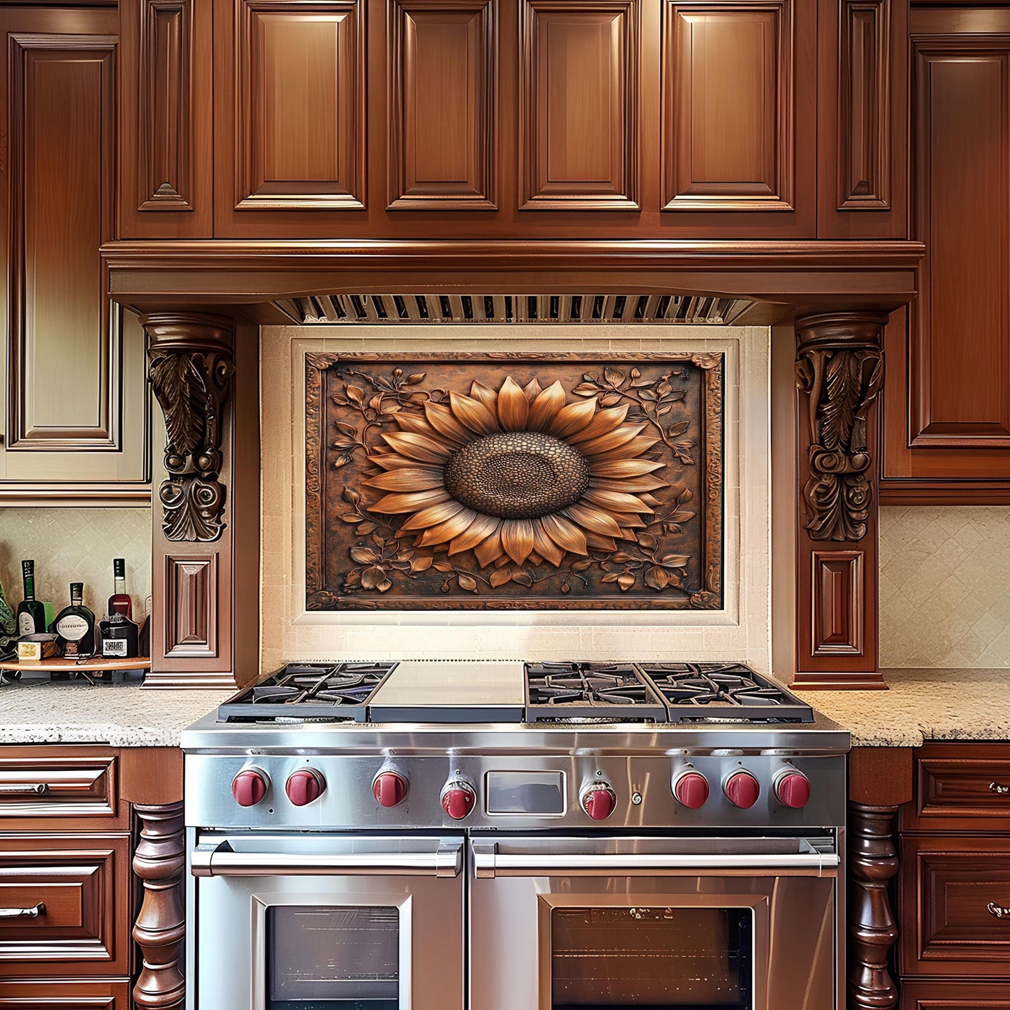 Copper sunflower glass backsplash, rustic design, heat-resistant tempered glass, kitchen wall protector, artistic backsplash, easy to clean, modern kitchen decor, stove splashback, unique floral art