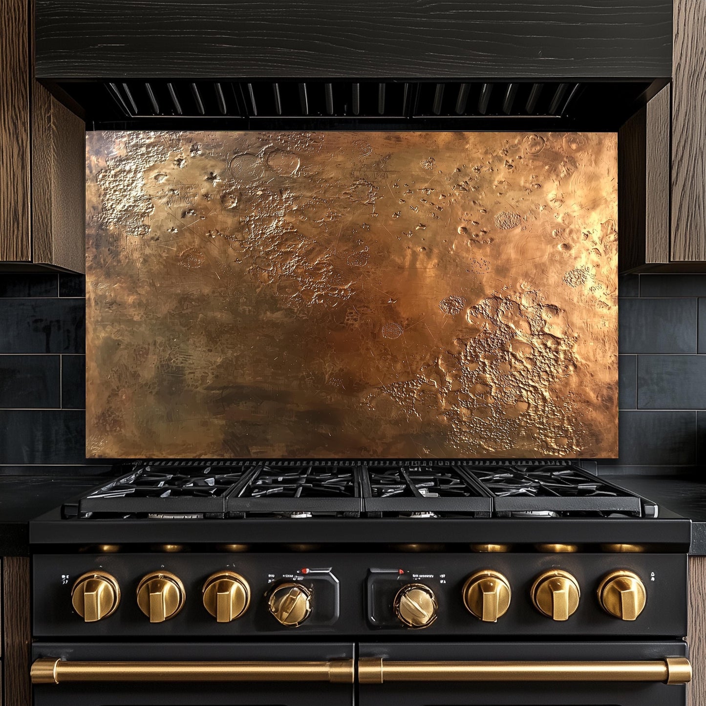 Textured Copper-Effect Glass Backsplash: Rustic Kitchen Decor